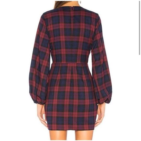 NWT Lovers + Friends Liliana Plaid Long Sleeve Mini Dress Burgundy Blue Size XS - Picture 7 of 7